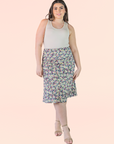 Plus Size Black Floral Print Elastic Waist Below Knee Length Skirt