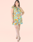 Plus Size Yellow Floral Print One ShoulderRuffle Mini Dress