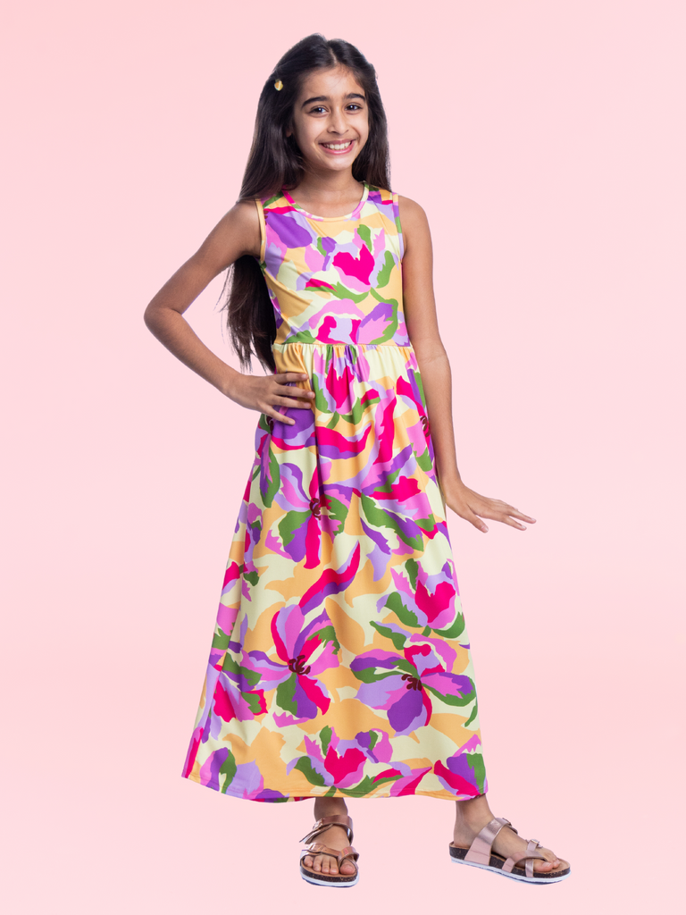 Girls Colorful Floral Print Sleeveless Maxi Dress