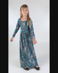 24seven Comfort Apparel Girls Blue Paisley Long Sleeve Pleated Maxi Dress