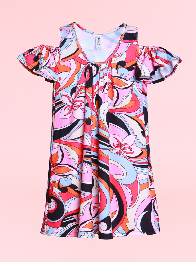 Girls Pink Cold Shoulder Knee Length Dress