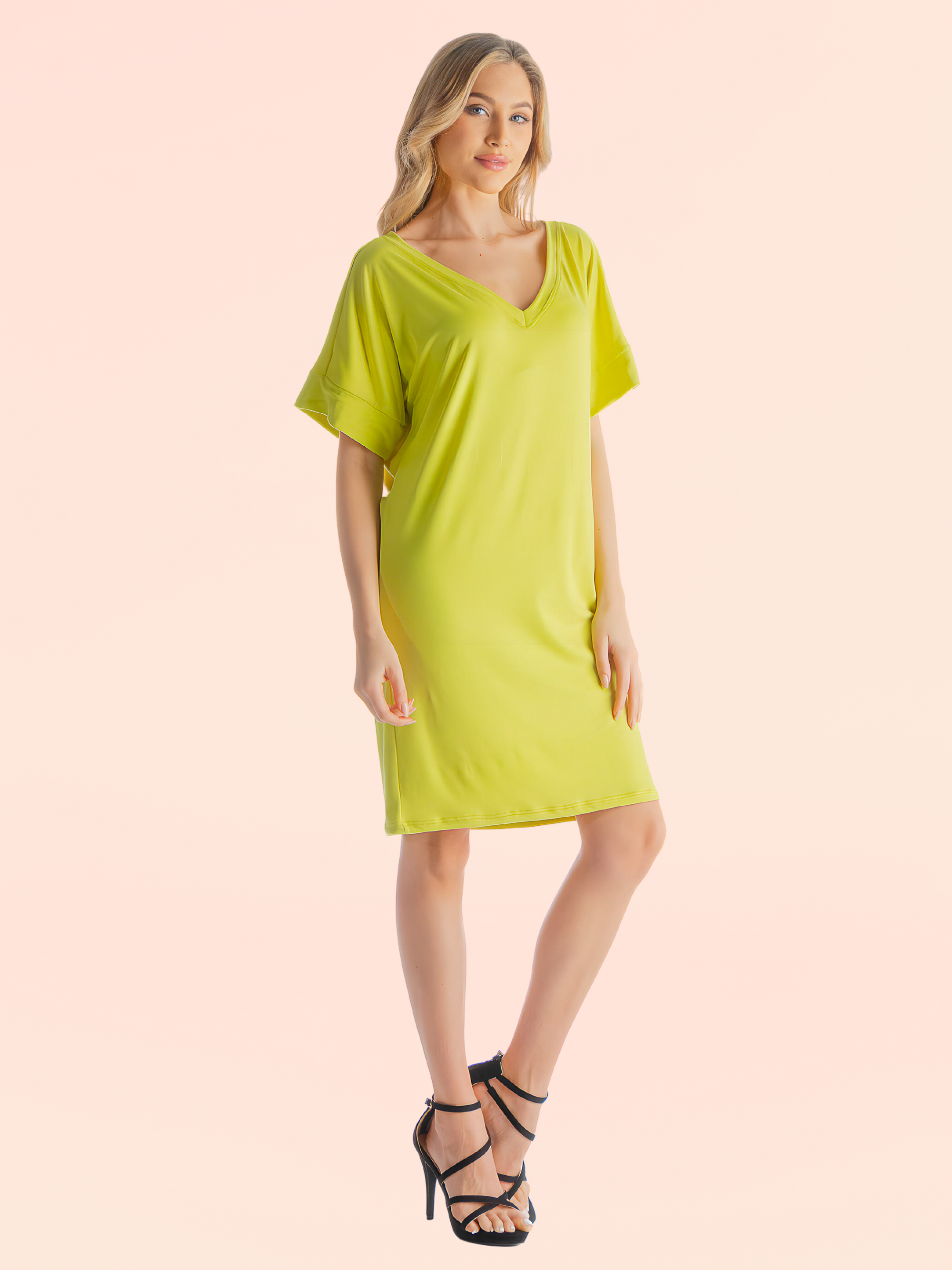 Solid Color Loose Fit V Neck T Shirt Style Womens Knee Length Dress
