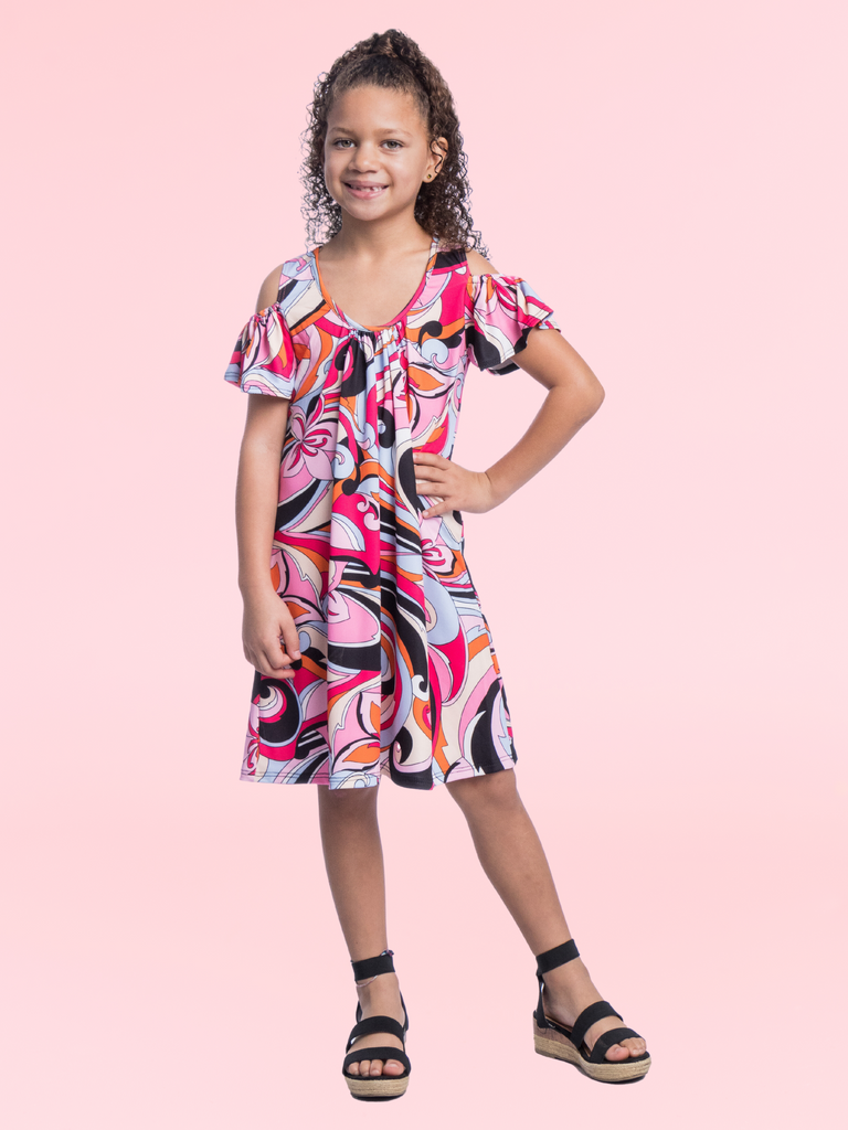 Girls Pink Cold Shoulder Knee Length Dress