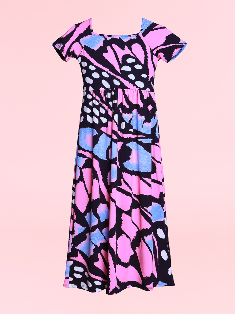 Girls Butterfly Print Short Sleeve Pleated Maxi Dress