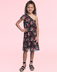 Girls Black Floral One Shoulder Ruffle Knee Length Dress