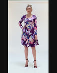 Floral Purple Long Sleeve Knee Length Dress
