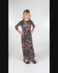 24seven Comfort Apparel Girls Black and Red Paisley Three Quarter Sleeve Pleated Maxi Dress
