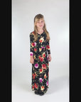 24seven Comfort Apparel Girls Floral Pleated Waist Maxi Dress Machine Washable