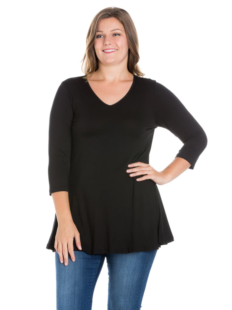 V-Neck Plus Size Three Quarter Sleeve Black Tunic Top For Women