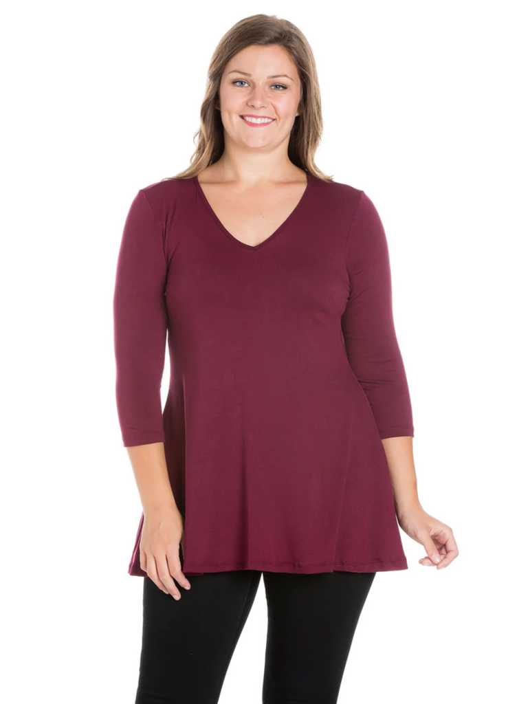 V-Neck Plus Size Three Quarter Sleeve Wine Burgundy  Tunic Top For Women