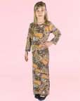 24seven Comfort Apparel Brown Fall Print Girls Long Sleeve Side Slit Maxi Dress