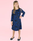 24seven Comfort Apparel Girls Black and Blue Long Sleeve Loose Fit Knee Length Tunic Pocket Dress