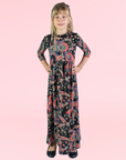 24seven Comfort Apparel Girls Black and Red Paisley Three Quarter Sleeve Pleated Maxi Dress