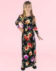 24seven Comfort Apparel Girls Floral Pleated Waist Maxi Dress Machine Washable