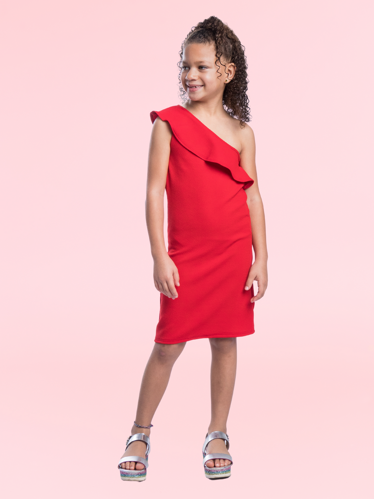 Girls Solid Color One Shoulder Ruffle Knee Length Dress
