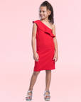 Girls Solid Color One Shoulder Ruffle Knee Length Dress