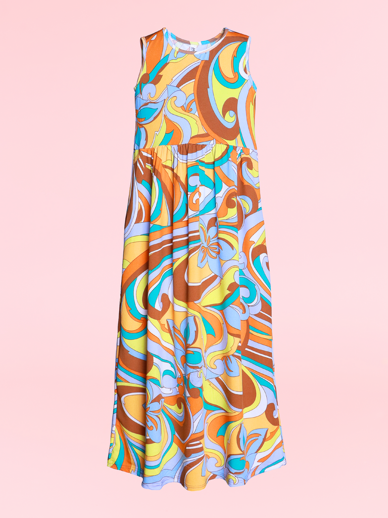 Girls Yellow Floral Print Sleeveless Maxi Dress
