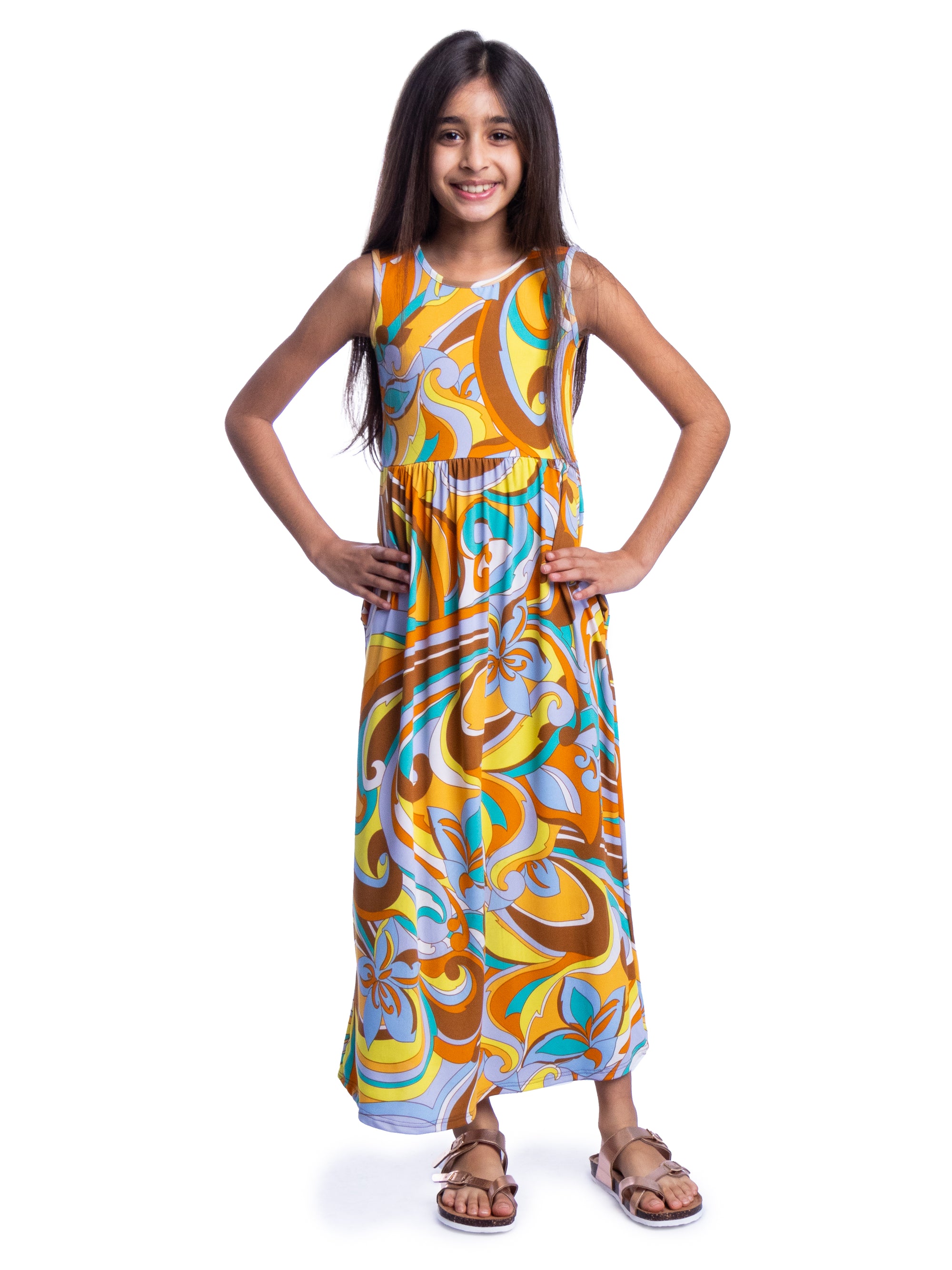 Girls Yellow Floral Print Sleeveless Maxi Dress