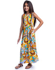 Girls Yellow Floral Print Sleeveless Maxi Dress