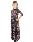 24seven Comfort Apparel Girls Black and Red Paisley Three Quarter Sleeve Pleated Maxi Dress