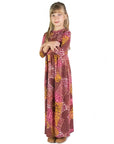 Girls Fall Print Three Quarter Sleeve Pleated Maxi Dress