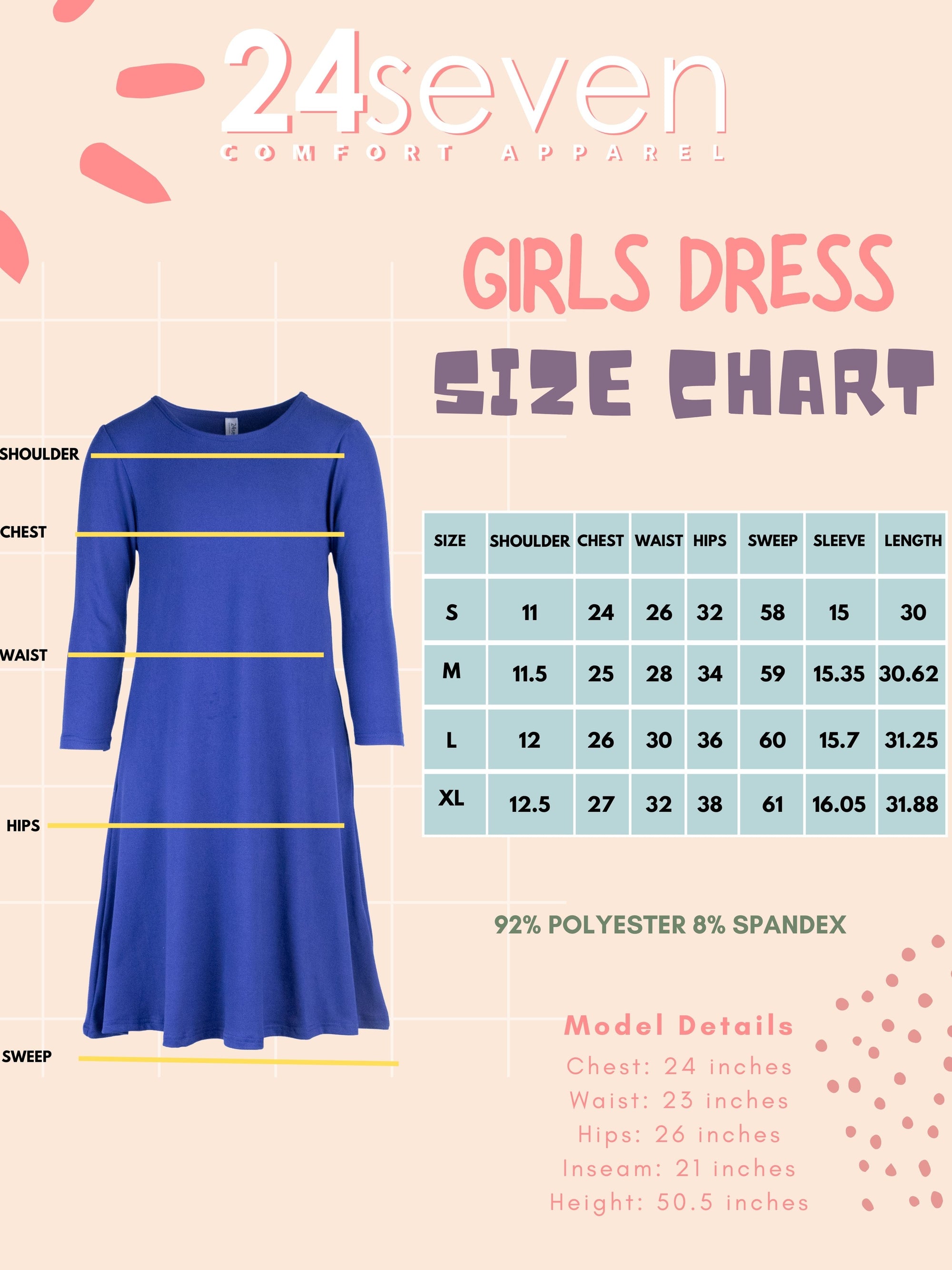 24seven Comfort Apparel Girls Long Sleeve Loose Fit Knee Length Tunic Pocket Dress