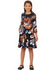 24seven Comfort Apparel Girls Long Sleeve Black Floral Knee Length Pocket Dress