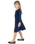 24seven Comfort Apparel Girls Black and Blue Long Sleeve Loose Fit Knee Length Tunic Pocket Dress