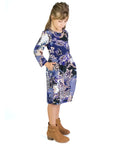 24seven Comfort Apparel Girls Blue Paisley Long Sleeve Loose Fit Knee Length Tunic Pocket Dress