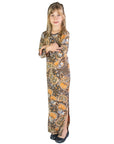 24seven Comfort Apparel Brown Fall Print Girls Long Sleeve Side Slit Maxi Dress