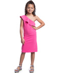 Girls Solid Color One Shoulder Ruffle Knee Length Dress