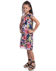Girls Blue Floral One Shoulder Ruffle Knee Length Dress