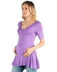 Quarter Sleeve Maternity Tunic Top with Button Detail