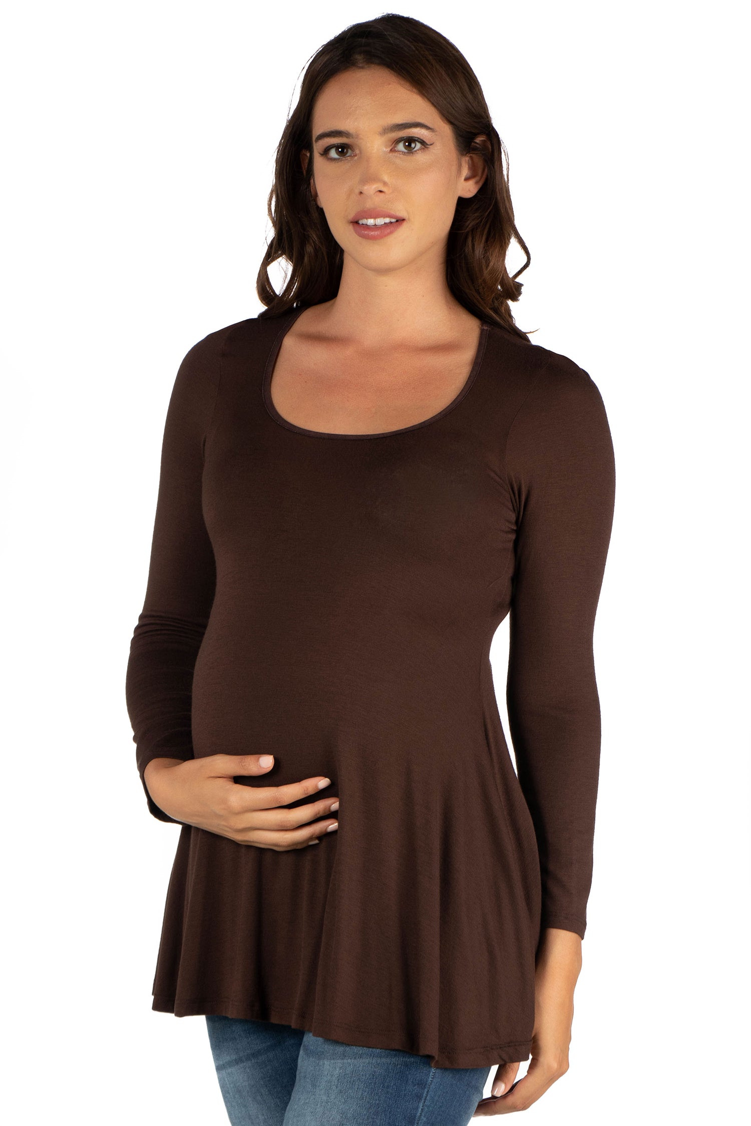 Long Sleeve Solid Color Swing Style Flared Maternity Tunic Top