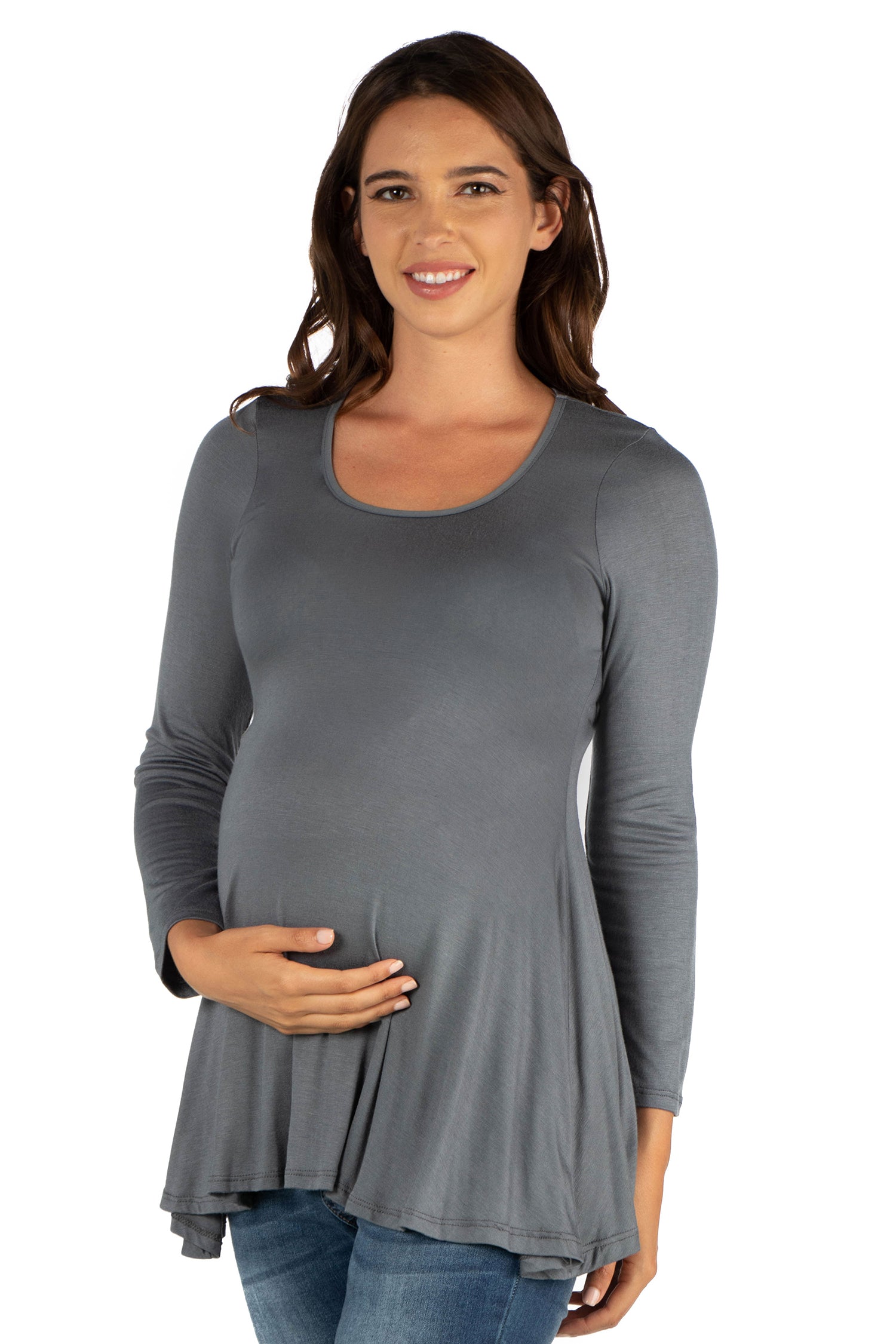 Long Sleeve Solid Color Swing Style Flared Maternity Tunic Top