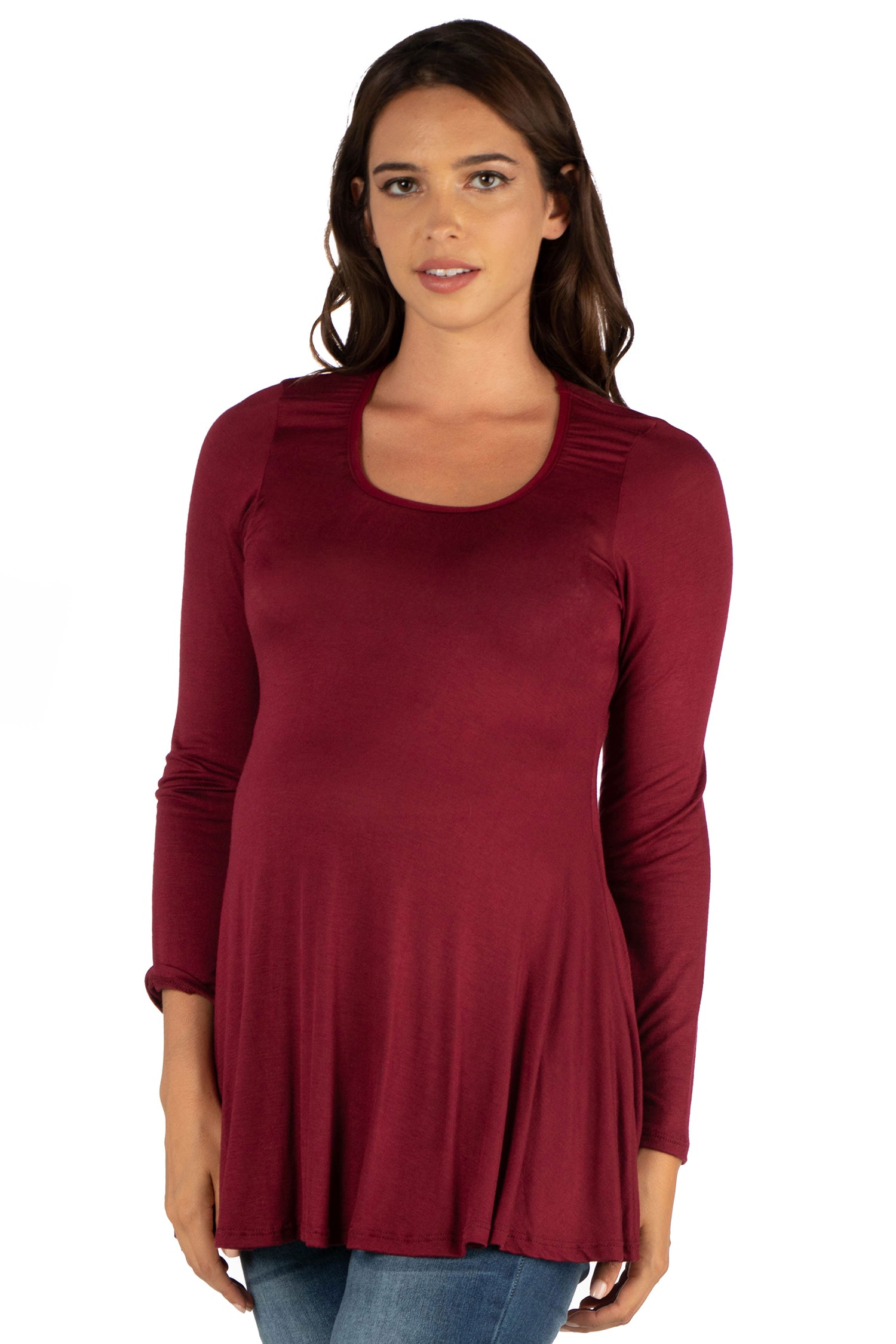 Long Sleeve Solid Color Swing Style Flared Maternity Tunic Top