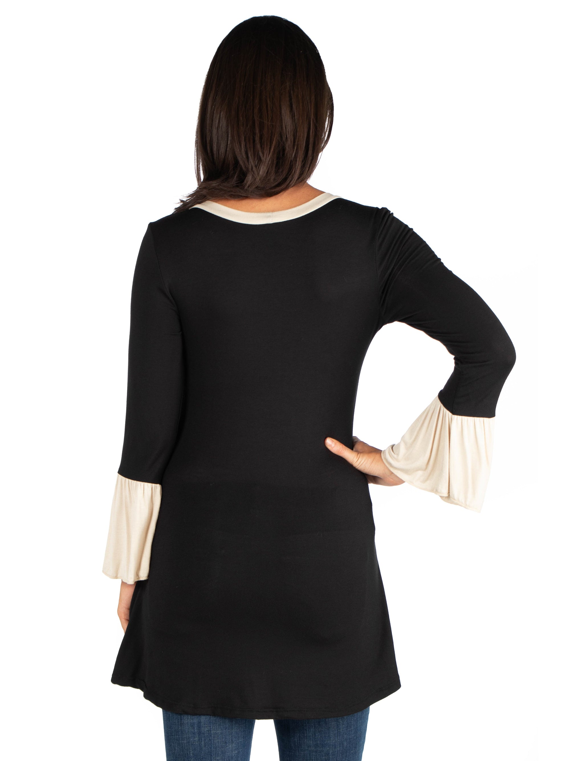 Black and Beige Bell Sleeve Hi Low Maternity Tunic Top