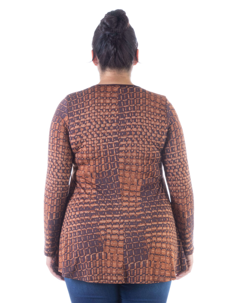 Brown Scoop Neck Long Sleeve Plus Size Tunic Top