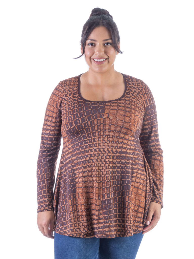 Brown Scoop Neck Long Sleeve Plus Size Tunic Top