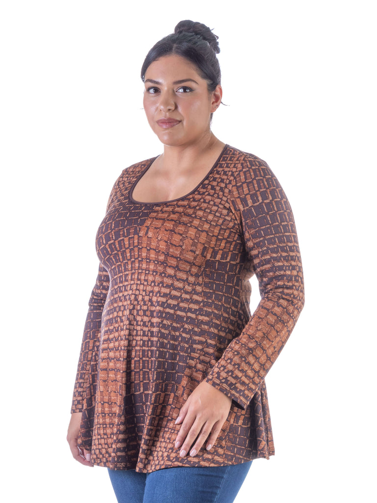 Brown Scoop Neck Long Sleeve Plus Size Tunic Top