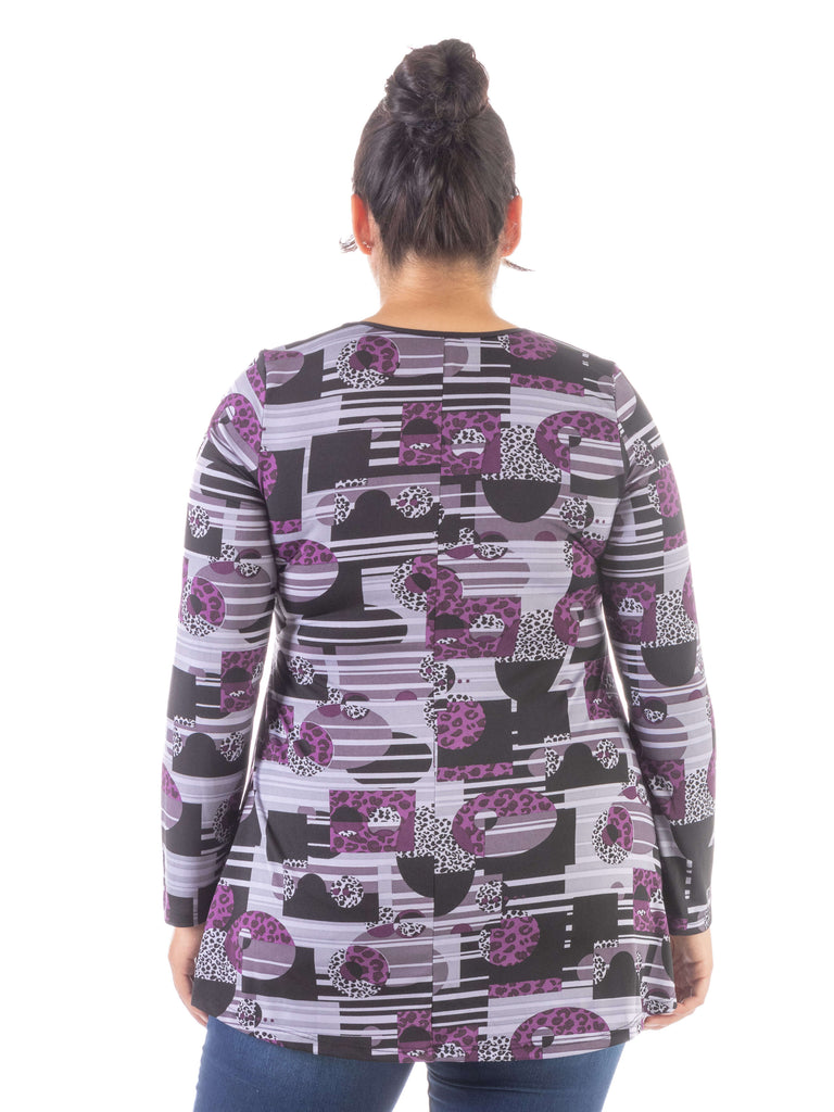 Purple Print Scoop Neck Long Sleeve Plus Size Tunic Top