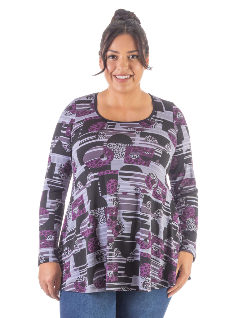 Purple Print Scoop Neck Long Sleeve Plus Size Tunic Top