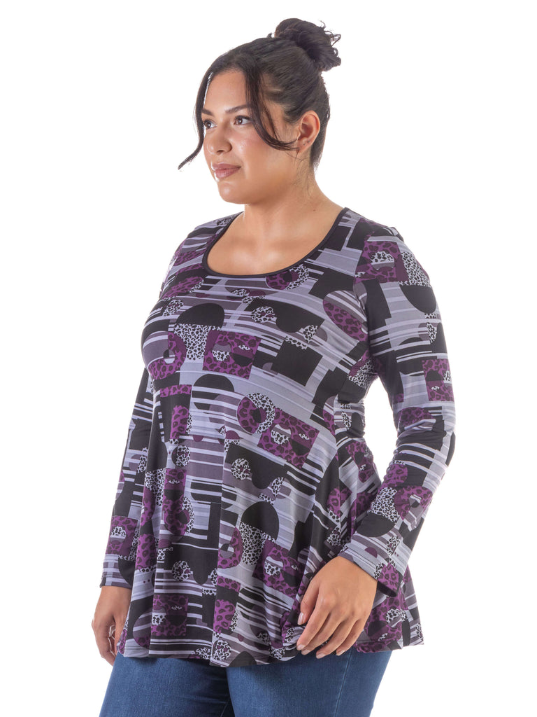 Purple Print Scoop Neck Long Sleeve Plus Size Tunic Top