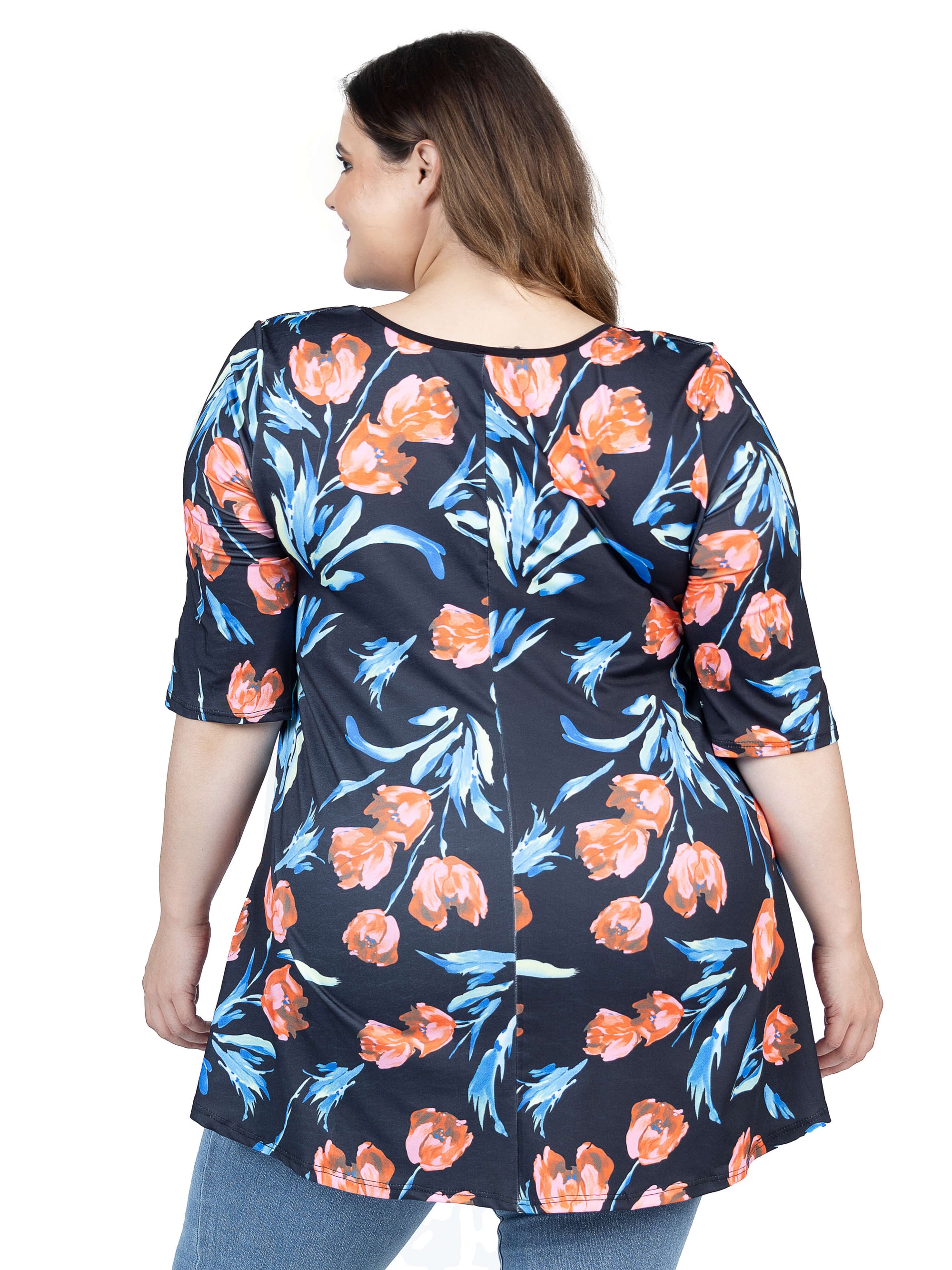Plus Size Black Tulip Print Elbow Sleeve Casual Tunic Top