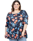 Plus Size Black Tulip Print Elbow Sleeve Casual Tunic Top