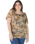 Plus Size Womens Brown Paisley Short Sleeve Split Shoulder Top