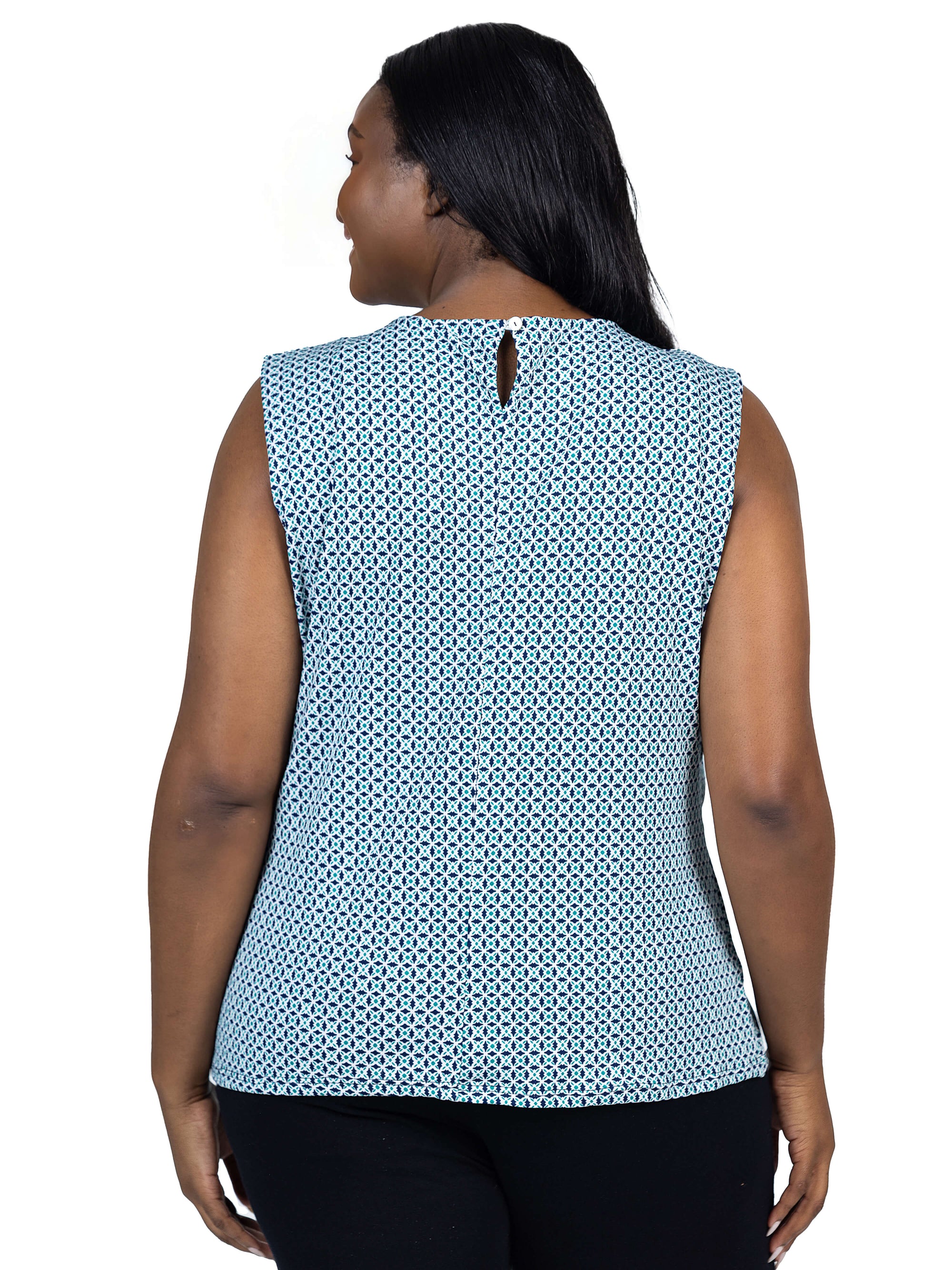 Plus Size Blue Print Pleated Crew Neckline Back Closure Sleeveless Top