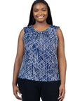 Plus Size Navy Print Pleated Crew Neckline Back Closure Sleeveless Top