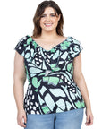 Cap Sleeve Green Butterfly Print Ruffle V Neck Plus Size Top
