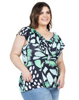 Cap Sleeve Green Butterfly Print Ruffle V Neck Plus Size Top